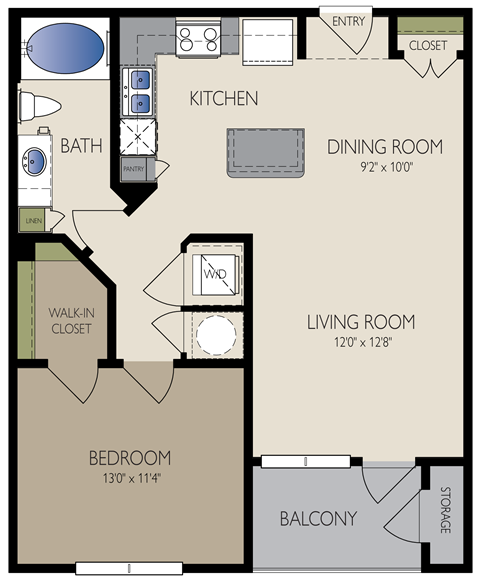 Floor plan for 1 bed, 1 bath, 748 sqft